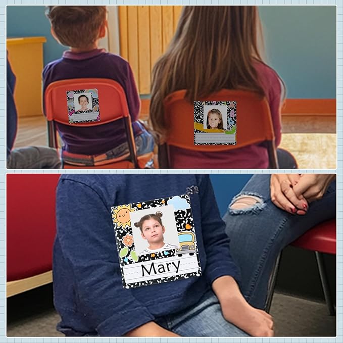 42pcs Composition Book Desk Name Tags Kids Photo Nameplates for Desk Student Name Plates for Classroom Kindergarten Labels Stickers with Photo Self Adhesive Colorful Classroom Decoration