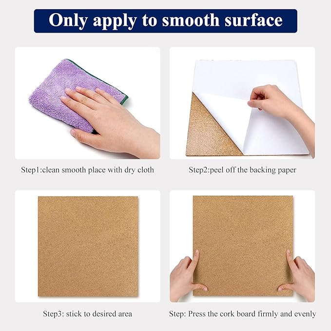 NACHLYNN Cork Board 6 Pack 12 x 12 Self-Adhesive Corkboards for Wall Square Bulletin Board with 100 Push Pins Frameless Cork Tiles for Walls Home Office