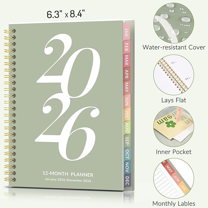 2026 Planner Weekly and Monthly, Jan - Dec 2026, 6.3" x 8.4”, Small Agenda Planner for Women, Aesthetic Calendar Planner with Spiral Bound, Month Tab, Flexible Cover for School, Office (A5, Beige)