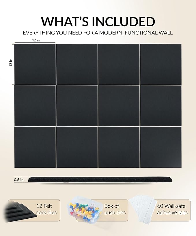 Large Felt Bulletin Board 48" x 36" with Push PINS & Wall Safe Adhesive Tabs – Modern Large Cork Board for Walls in Home or Office, Versatile Felt Board Layout, Cork Board, Vision Board, Dream Board