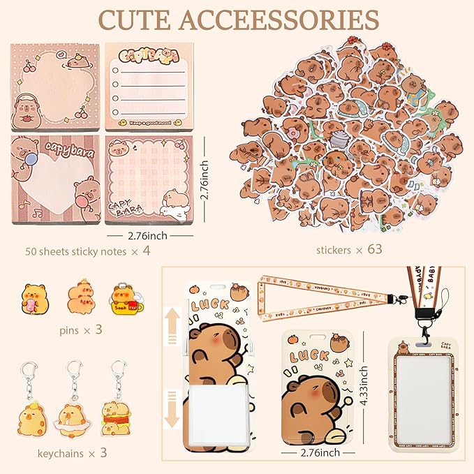 Cute Capybara School Supplies Capybara Stationery Set Includes Gel Pens Pencil Eraser A5 Notebook Stickers ID Badge Holder Ruler Kawaii Birthday Christmas Gifts for Office School Supplies