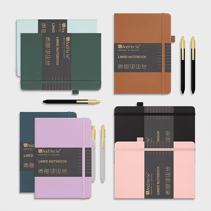 &And Per Se Lined Journal and Pen Set (3 Packs), A5 Leather Hardcover Notebook with Pen & Stationary Set, 160 Pages 100GSM Thick Ruled Paper Journal for Business Work Writing (Cyan)