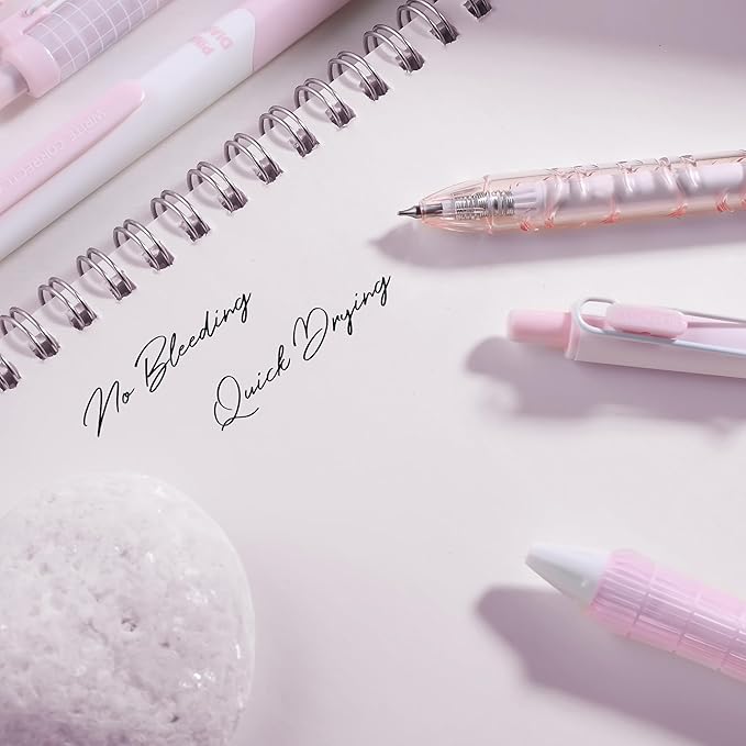 5 Count Pastel Gel Ink Pen Set,Cute Note Taking 0.5mm Fine Point Retractable 5 Count Black Ink Pens for Writing, Journaling, School, Office (Light Pink Clear)