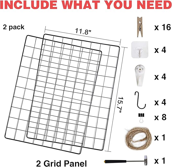 C&AHOME Photo Wall Grid Panel Set of 2, Decor Grid Panel, Photo Display Shelves, Hooks, Clips, Hemp Cord, Hammer, 15.7" 11.8", Black UWWGM3402B