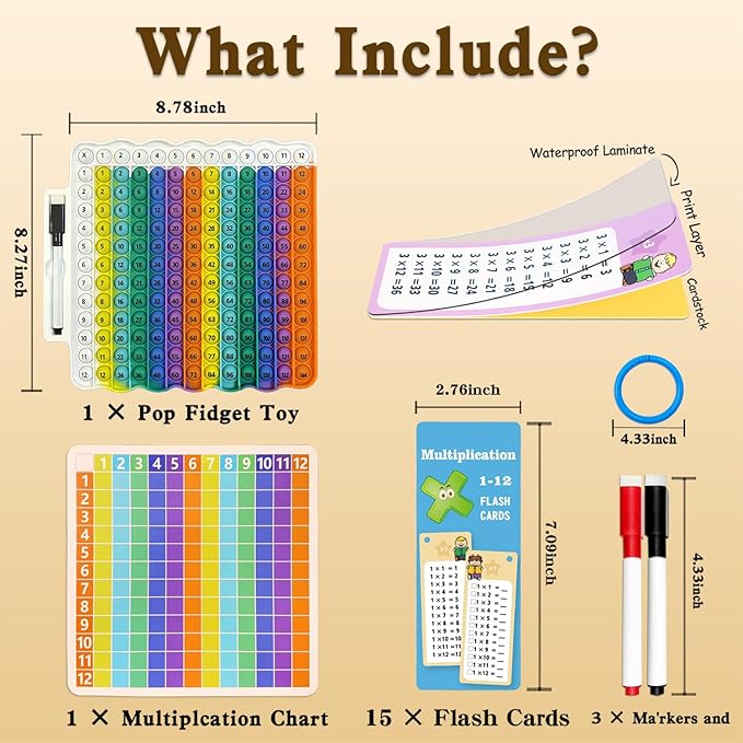 Multiplication Flash Cards + Pop Fidget Multiplication Chart, Times Table Educational Flashcard 3rd Grade, 4th, 5th, 6th Grade for Kids