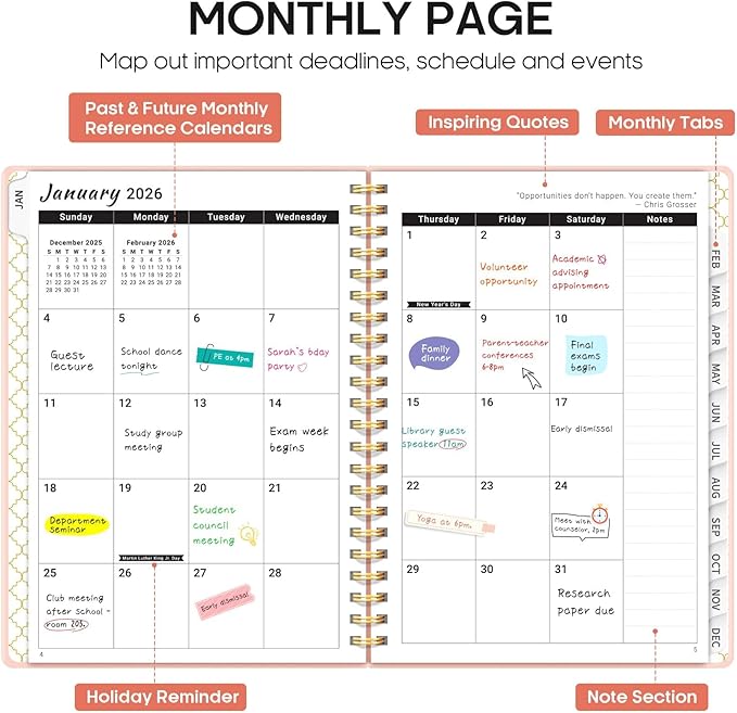 2026 Planner, Weekly and Monthly Calendar Planner, January 2026 - December 2026, Hardcover 2026 Calendar Book with Tabs For Women & Men, Inner Pocket, Spiral Bound, Perfect for Office Home School Supplies - A5 (6.3" x 8.5"), Pink