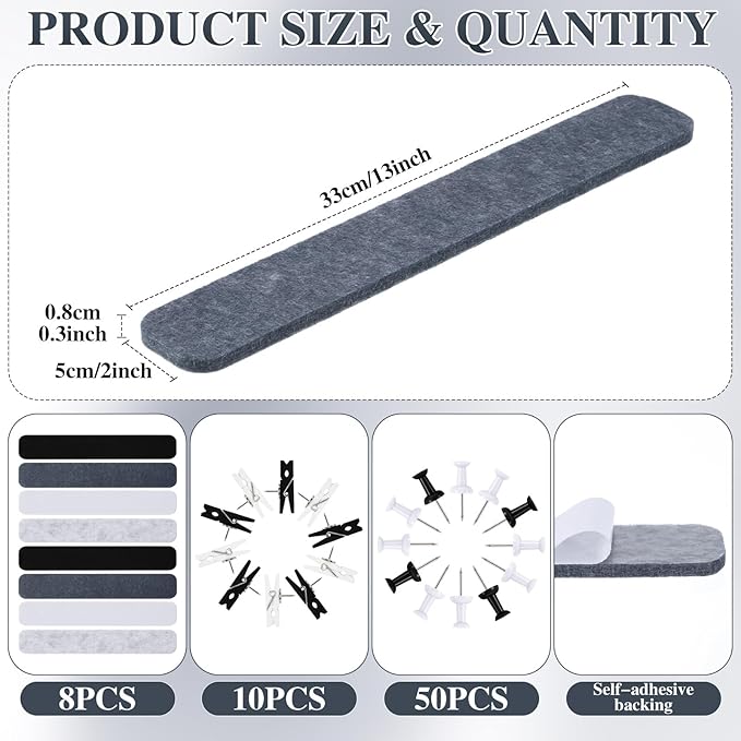 8 Pcs Felt Pin Board Bar Strips Bulletin Board 50 Pushpins and 10 Wooden Clip Pins Self Adhesive Cork Boards for Offices Home Wall Display Photos, Paste Notes, Schedules(Gray)