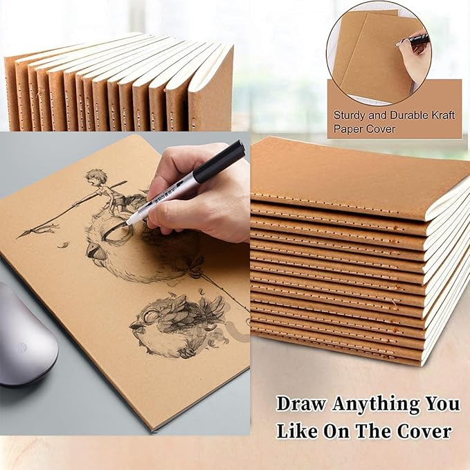 48 Pack A5 Blank Notebook Bulk Kraft Cover Blank Sketch Book Pad Travel Journals Composition Diary Subject Notebooks Planner 60 Pages, 8.3”x 5.5”