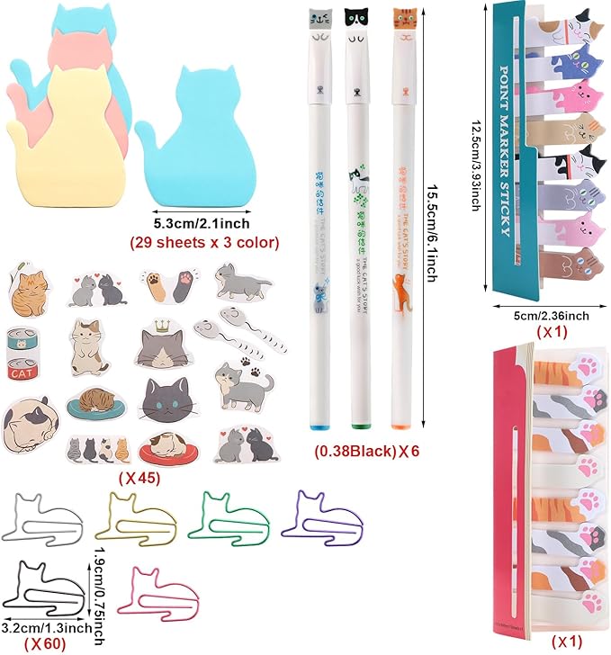 Outus Cat Office Supplies Cute Sticky Notes Paper Clips Gel Ink Pens Cartoon Stickers Party Favor for Cat Lovers Office Supplies(Cute Style)