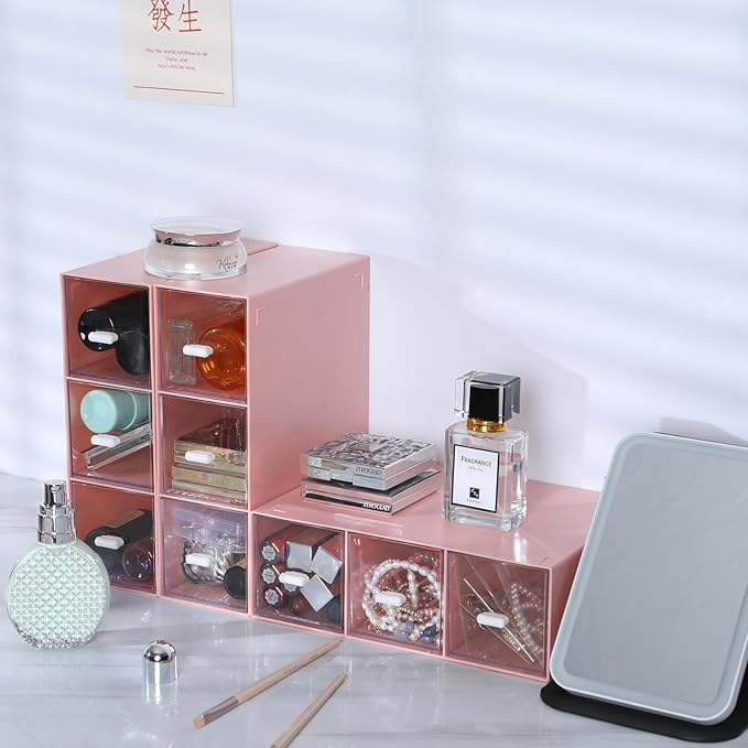 Desktop Drawers, Desk Organizer with 9 Drawers, Stackable Plastic Storage Box for Home Collection, Cosmetics, Jewelry, Office Supplies (3 Tiers, Pink)