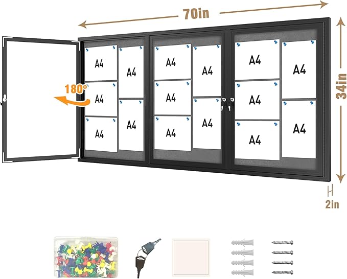 Mifuro 70"x34" Enclosed Bulletin Board, Outdoor Lockable Weather-Resistant Aluminum Cork Noticeboard for School & Office, Black Frame w/Grey Flet