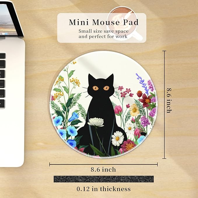 Black Cat Floral Mouse Pad for Desk, Small Cute Mousepad with Non-Slip Base, Round Mouse Pads for Wireless Mouse Laptop Gaming, Computer Mouse Mat for Office Decor Desk Accessories Supplies