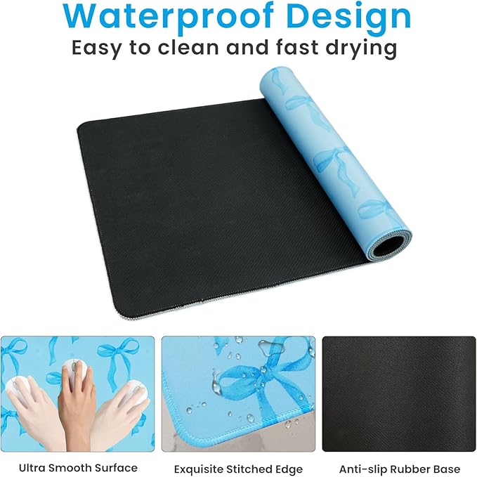 Large Mouse Pad, Blue Bows Desk Mat with Light Blue Background, Kawaii Computer Mat Keyboard Mat Cute Blue Office Accessories, Non-Slip Rubber Base Laptop Pad Girls Desktop Decor 31.5 x 11.8in