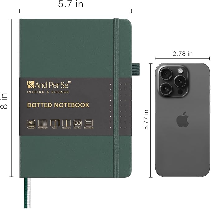 &And Per Se 10-Pack Dotted Notebooks, A5 Hardcover Journal Set, 160 Pages, 100gsm Paper, Office Supply Bulk Order, Corporate Workshop Materials – 3 Sticker Sheets Each (Green)