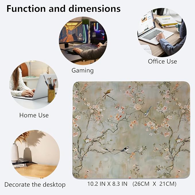 Cherry Blossom Mouse Pad,Chinoiserie Birds and Flowers Desk Mat,Elegant Botanical Mouse Pad,Vintage Floral Girly Desk Mat for Dorm Home Office Decor,10.2x8.3 Inch