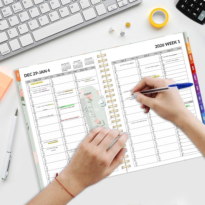 SUNEE 2026 Appointment Book, Quarter-Hourly, Weekly & Monthly - from January 2026 - December 2026, 8.5"x11" Weekly Planner, Flexible Cover, Note Pages, Pockets, Bookmark, Spiral Binding,