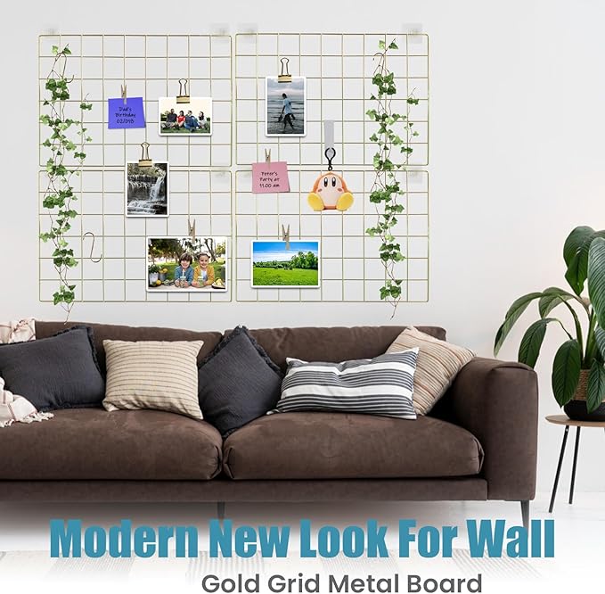 Metal Grid Wall Panel, Wire Grid Photo Display Organizer, 17.3"×11.8" Gold Wire Board Grid Wall, Grid Picture Frame, 2-Pack Wire Mesh Memo Board with Clips and Hooks