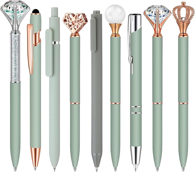 Janmini 9 Pcs Ballpoint Pens Set Metal Crystal Diamond Glitter Pens for Journaling Black Ink Pretty Cute Things Fancy Stationery Gifts for Women Girls Birthday Home Office Desk (Sage Green)