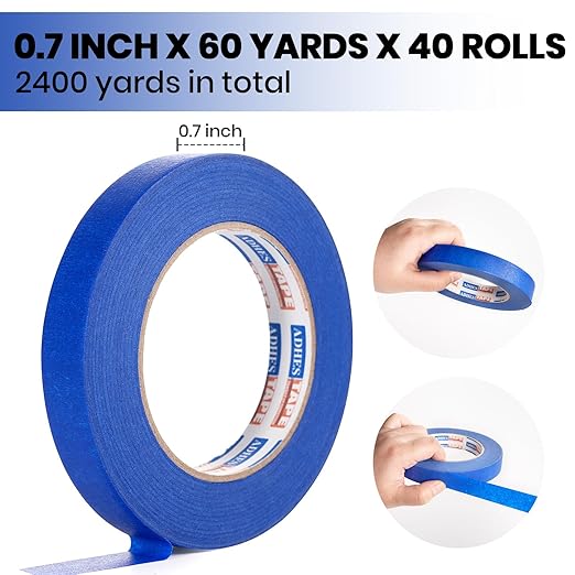 ADHES Upgrade Blue Painters Tape, Masking Tape for Painting 40 Rolls x 0.7 Inch x 60 Yards, Blue Paint Tape No Residue Outdoor Anti UV Multi Surface Use, Total 2400 Yards