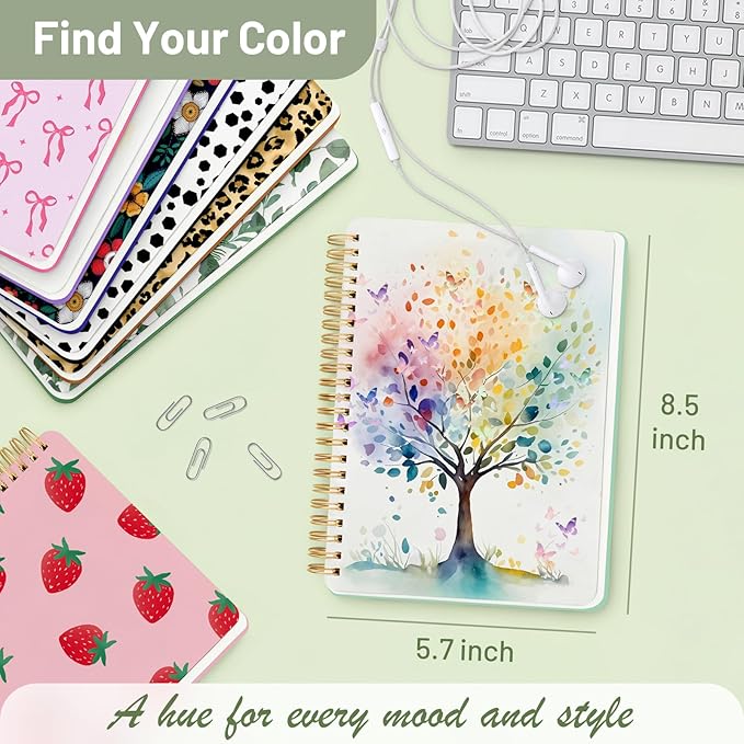 Stanoha Cute Spiral Notebook A5 Journal for Women Girls Kawaii Aesthetic Pretty Floral Design with Pocket, 8.5 x 5.7 inch, Line, Butterfly Tree