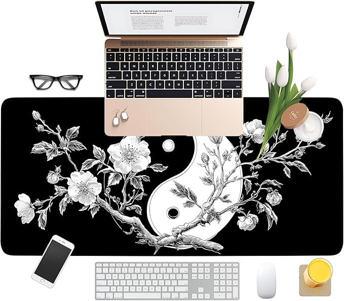 Yin Yang Cherry Blossom Extended Gaming Mouse Pad 35.4 x 15.7 Inch – Zen-Inspired Desk Mat with Non-Slip Rubber Base for Gaming and Office Use