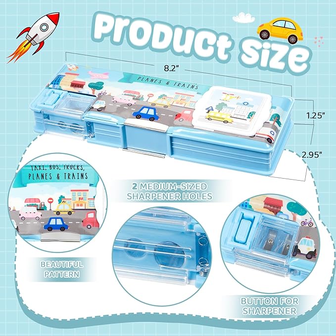 Henoyso Multifunctional Pencil Box for Boys Car Pencil Case with Calculator and Sharpener Cool Cute Pencilcase School Supplies Essentials Christmas Birthday Gift Present for Kids Teens