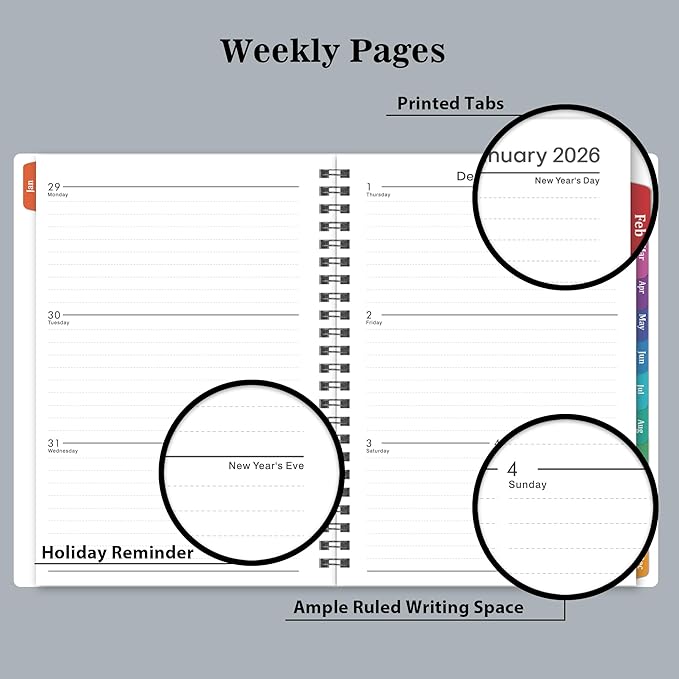 2026 Planner - Planner 2026 with Weekly & Monthly Spreads, Jan 2026 - Dec 2026, 6.25" × 8.3", Strong Twin-Wire Binding, Round Corner, Flexible Cover, Monthly Tabs - Grey