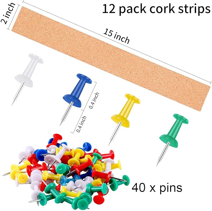 Cooraby 12 Pack Cork Strips 15 x 2 Inch Frameless Self-Adhesive Cork Board with 40 Pieces Cork Board Pins for Classroom Office