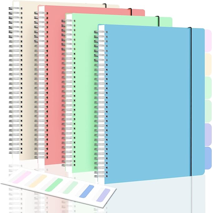 Spiral Notebook, Wide Ruled Notebook Journal, 4 Pack B5 Lined Notebooks for Work, School, Notes Taking , 8" x 10" Large Subject Notebook, 560 Thick Paper, 24pcs Index Tabs, Assorted Pastel Notebook