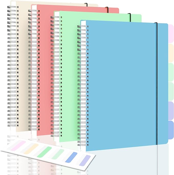 Spiral Notebook, College Ruled Notebook Journal, 4 Pack Large B5 Lined Notebooks for Work, School, Notes Taking, 8" x 10" Subject Notebook, 560 Thick Paper, 24pcs Index Tabs, Assorted Pastel Notebook