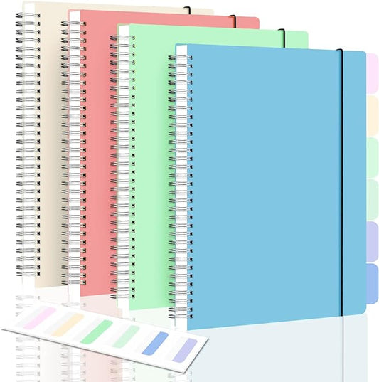 Spiral Notebook, College Ruled Notebook Journal, 4 Pack Large B5 Lined Notebooks for Work, School, Notes Taking, 8" x 10" Subject Notebook, 560 Thick Paper, 24pcs Index Tabs, Assorted Pastel Notebook