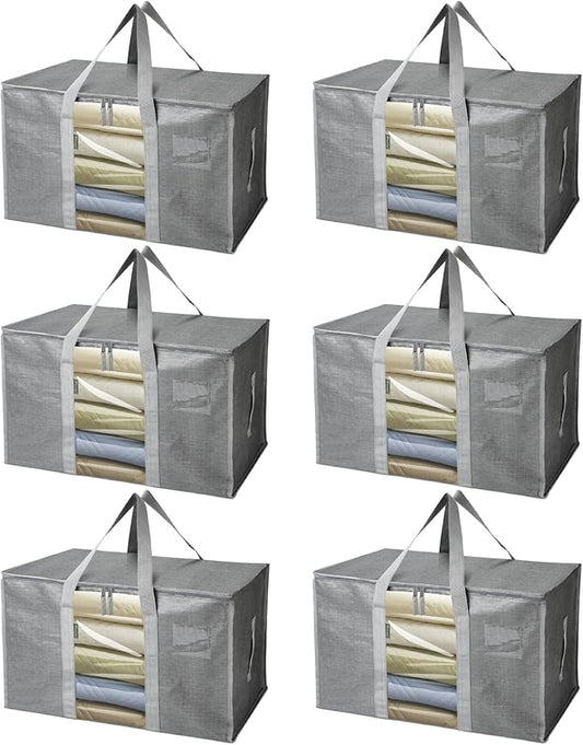 BALEINE 6-Pack Oversized Moving Bags with Reinforced Handles, Heavy-Duty Storage Tote Moving Supplies for Packaging, Camping (Gray w/Window, 6-Pack)