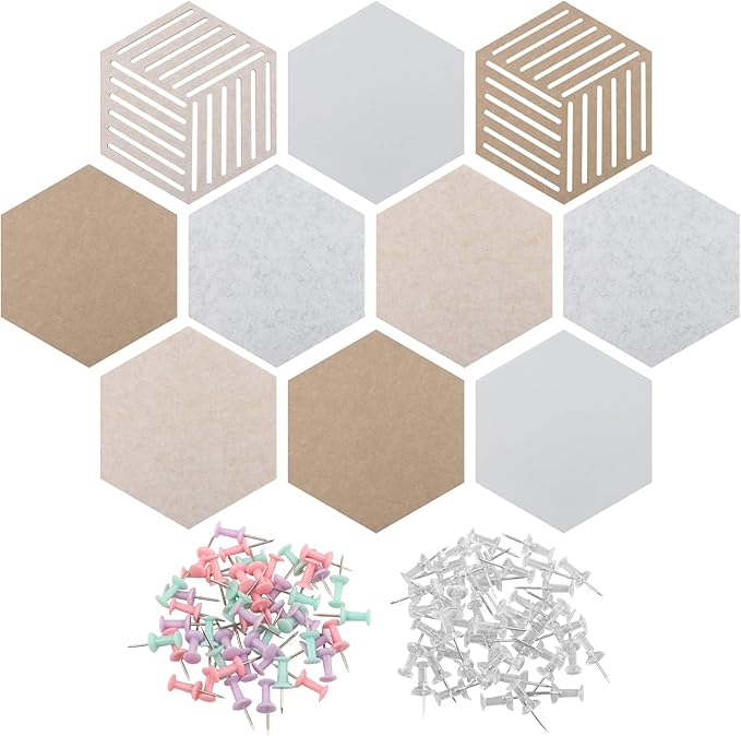 10Pack Hexagon Cork Boards for Walls Decor,Felt Board Tiles with 100 Push Pins,Felt Bulletin Board Tiles for Office & Home for Notes Photos and DIY Classroom Decor