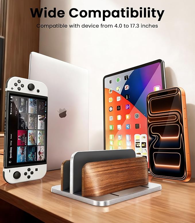 𝟮𝟬𝟮𝟲 𝗨𝗽𝗴𝗿𝗮𝗱𝗲𝗱 Aluminum Vertical Laptop Stand, [Black Cedar Wood Dual-Slot], Desktop Adjustable MacBook Stand, Adjustable Base, for MacBook Pro/Air, (up to 17.3-inch Gaming laptops)