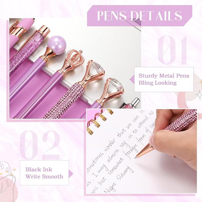 Janmini 9 Pcs Ballpoint Pens Set Metal Crystal Diamond Glitter Pens for Journaling Black Ink Pretty Cute Things Fancy Stationery Gifts for Women Girls Birthday Home Office Desk(Violet)