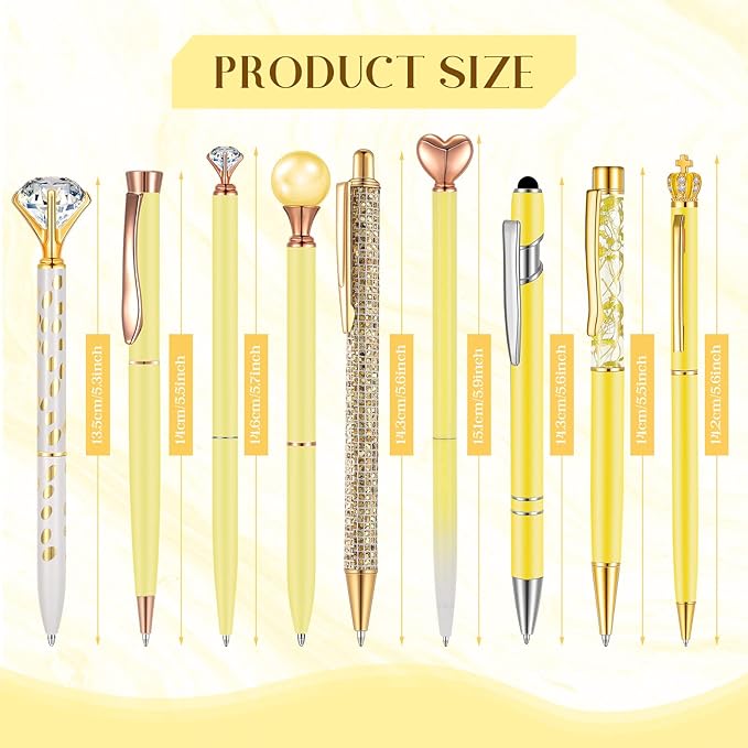 Janmini 9 Pcs Ballpoint Pens Set Metal Crystal Diamond Glitter Pens for Journaling Black Ink Pretty Cute Things Fancy Stationery Gifts for Women Girls Birthday Home Office Desk(Yellow)