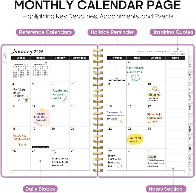 2026 Planner, Weekly and Monthly Calender Planner, Jan 2026 to Dec 2026, Hardcover 2026 Calendar Book with Tabs & Inner Pocket, Office Home School Supplies for Women & Men - A5 (6.3" x 8.5"), Boho Purple