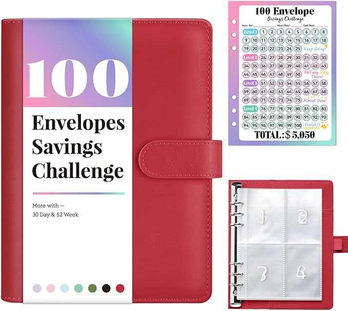 Sooez 100 Envelope Savings Challenge Book with 100 Pocket Pre-Numbered & Reusable Laminated Tracker