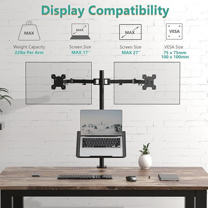 WALI Dual Monitor Stand, Laptop and Monitor Stand for 2 Screen 1 Laptop Notebook, Extra Tall Desk Mount for Monitor up to 27 inch, Notebook up to 17 inch (M002XLLP), Black