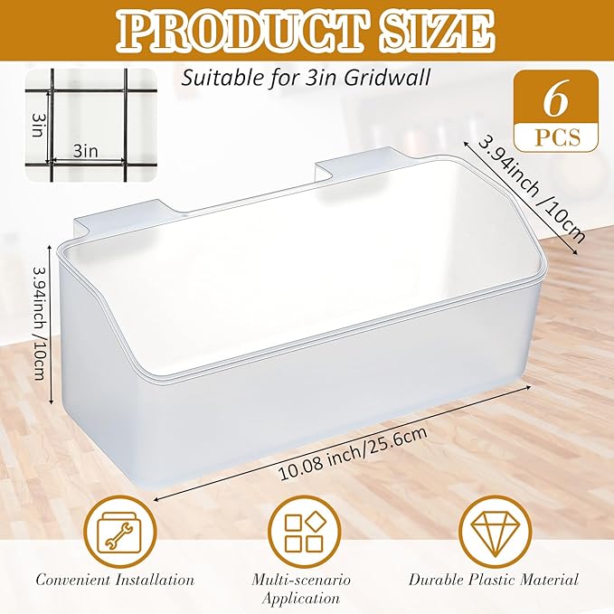 Gridwall Baskets, Grid Wall Storage Bin Plastic Grid Wall Panels Bins for 3 Inch Gridwall Panel for Organizing Storage Display Kitchen Home Office Garage Bathroom(Clear,6 Pcs)