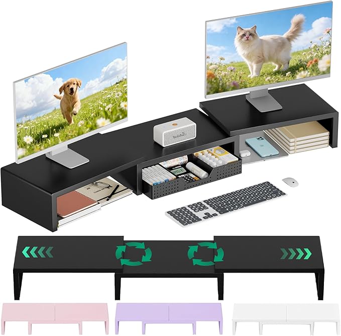 OPNICE Desk Organizers and Accessories, Dual Computer Monitor Stand Riser with Drawer, Office Desk Accessories & Workspace Organizers, Black