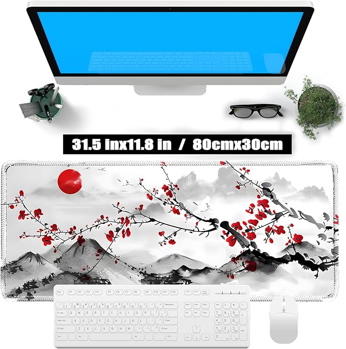 Japanese Sakura Mouse Pad 31.5x11.8 Inch Watercolor Cherry Blossom Floral White Desk mat Large Non-Slip Rubber Base Waterproof with Stitched Edges for Gaming and Office(Red Moon)