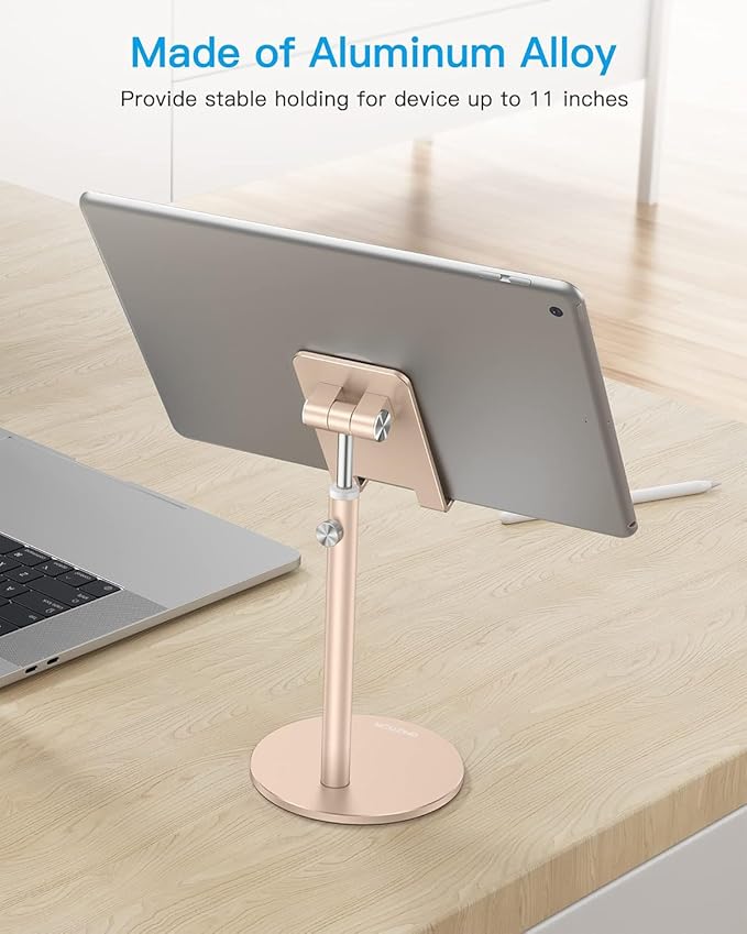OMOTON Cell Phone Stand, Angle Height Adjustable Phone Stand, Aluminum Desktop Phone Holder Dock Stand for Desk, Compatible with iPhone 17 Pro Max, All Smartphones and Tablets(4-11''),Gold
