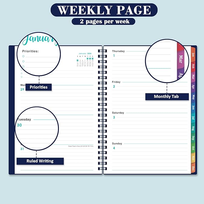 2026 Planner - 2026 Planner Weekly and Monthly, JAN 2026 - DEC 2026, 6" x 8.4", Calendar Planner with Premium Paper, Twin-wire Binding, Waterproof Cover, Coloful Tabs, Blue