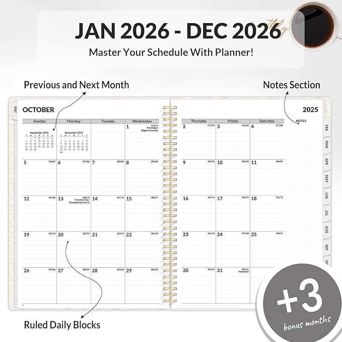 SUNEE 2026 Planner, Weekly and Monthly Calendar Planner, January 2026-December 2026, Daily Agenda with Tabs, Note Pages, Spiral Binding, 6.4"x8.3", Black