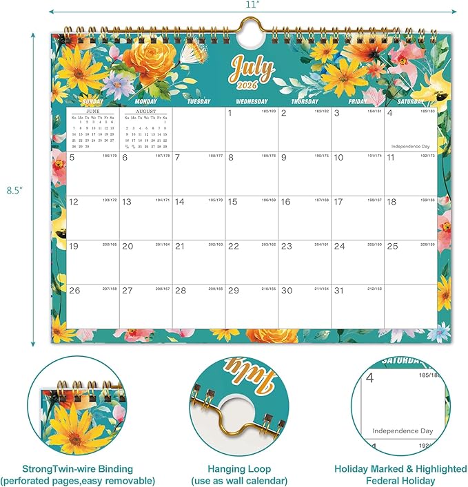Calendar 2026-18 Monthly Wall Calendar, January 2026 - June 2027, 8.5" x 11", Calendar 2026-2027 with Twin-Wire Binding, Hanging Hook, Blocks and Julian Dates (Flowers Wall Calendar)