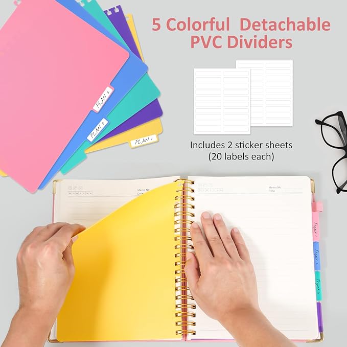 Hardcover Spiral Notebook Journal with Removable PVC Dividers - 8'' x 10'' Large 300 Page B5 Hardcover Leather College Lined Journals Notebook for Work Note Taking Office Home School Supplies, Pink