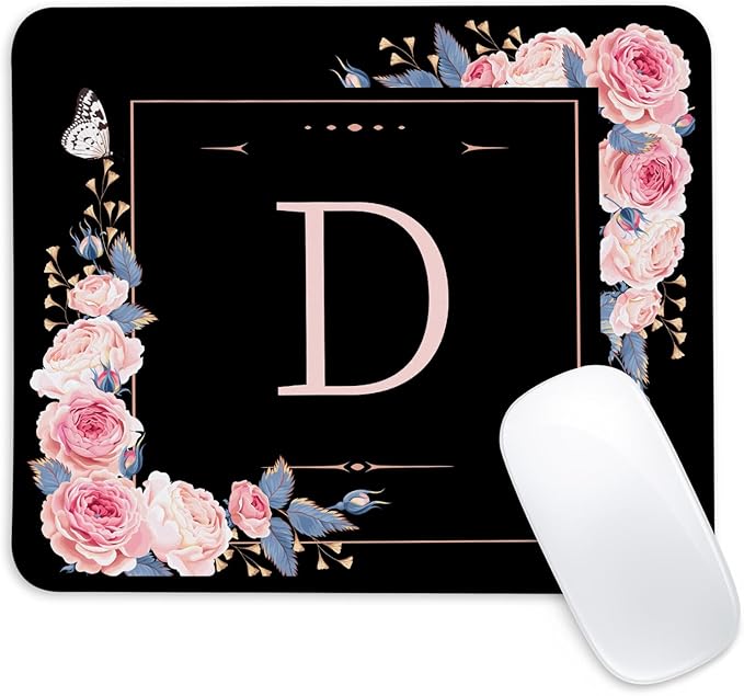 Letter D Black and Pink Flowers Square Mouse Pad, Mouse Pad with Stitched Edge and Non-Slip Rubber Base,Mouse Mat,Home Office Decor Desk Accessories,9.4x7.8x0.12 inch Square Mouse Pad