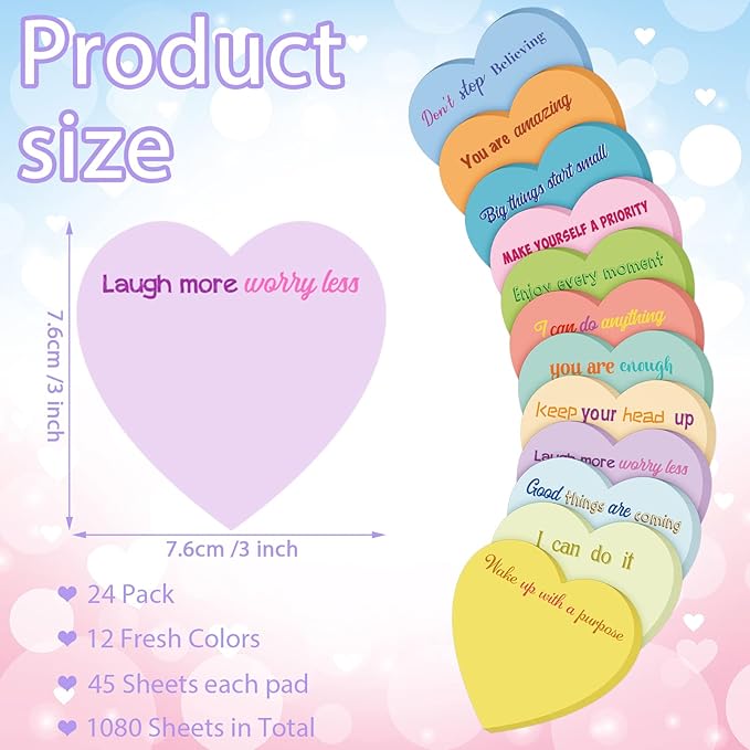 Teling 24 Pack Valentine's Day Sticky Notes Heart Shape Sticky Notes 3 x 3 Inch Inspirational Notepads Bulk Cute Memo Pads for Valentines Party Gifts School Office Supplies (Pastel)