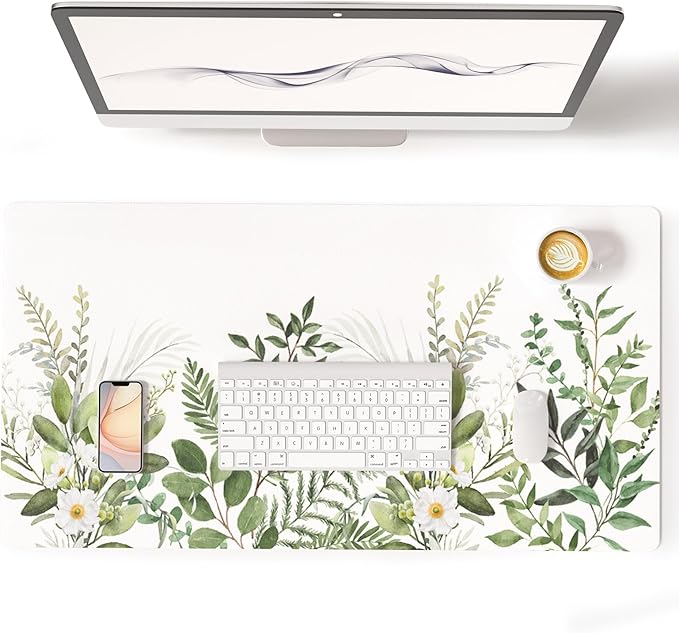 Colorful Star Large Mouse Pad, Green Leaves Waterproof Office Desk Mat, Non-Slip Computer Gaming Mouse Pad, XXL PC Laptop Protector Pads, PU Leather Desk Writing Pads for Office Home, 31.5" x 15.7"